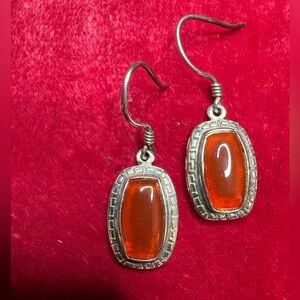 Earrings Vintage Carnelian Gemstone 925 Sterling Silver Dangle Drop